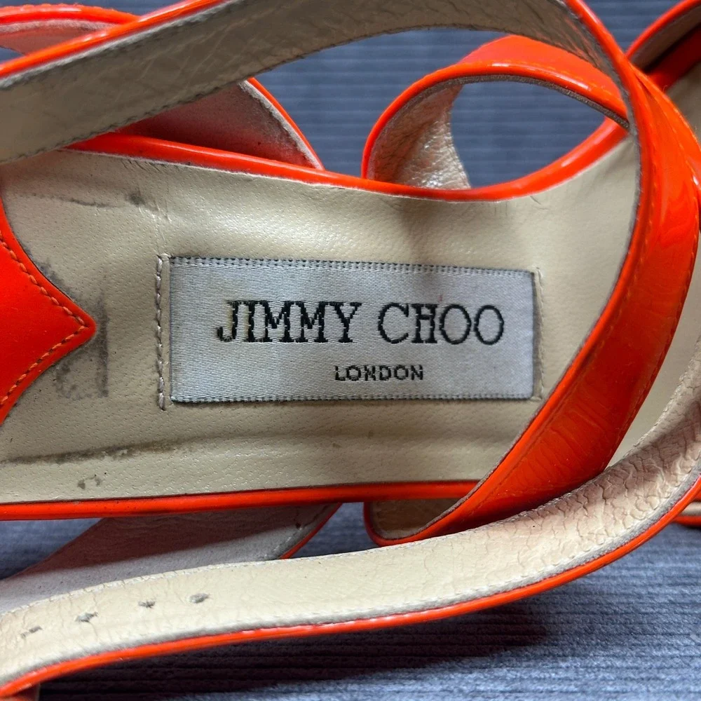 Jimmy Choo Vamp Neon Orange Patent Leather Platform Sandals Stiletto Heels 38